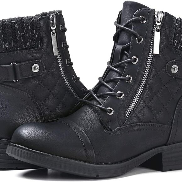 Women's Vegan Faux Leather Combat Booties Ankle Lace Up Rubber Sole